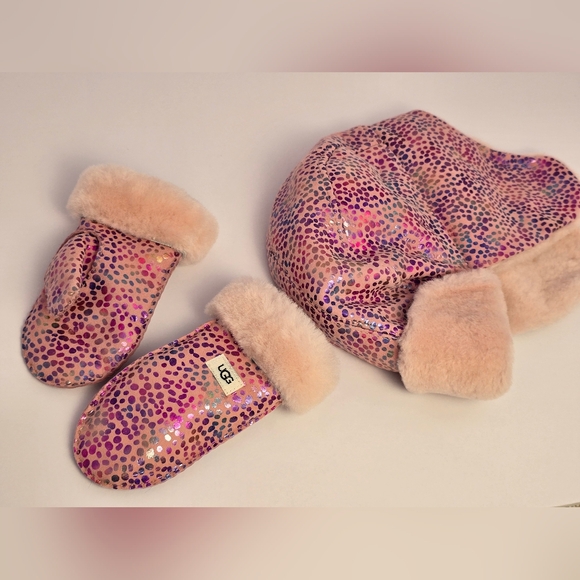 UGG Pink & Purple Metallic Spotted Toddler Leather Trapper Hat & Mittens 2-4yrs - Picture 2 of 12